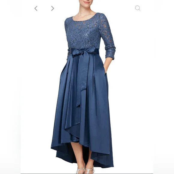 Alex Evenings | Dresses | Alex Evenings 34 Sleeve Sequin Lace Party Dress  With Satin Skirt Ribbon Belt | Poshmark